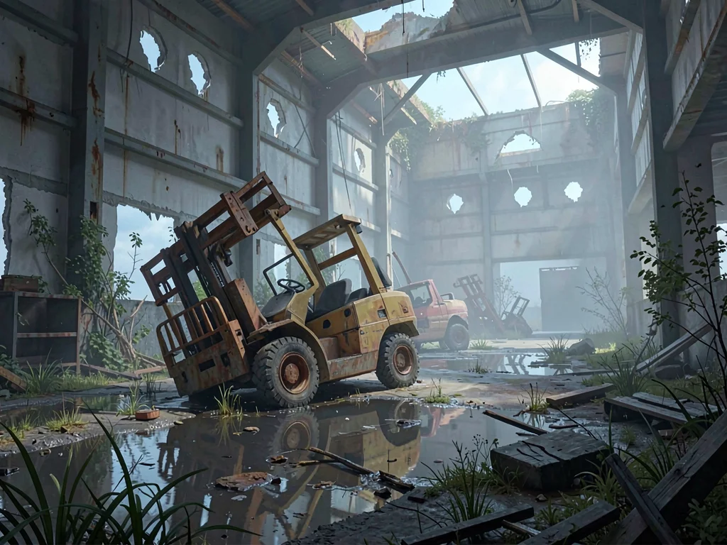 Warehouse interior with overturned forklift skeleton among ferrous puddles and p