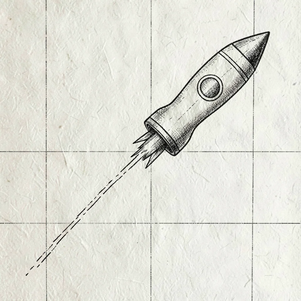 Editorial infographic of a stylised rocket trajectory arcing across cream paper 