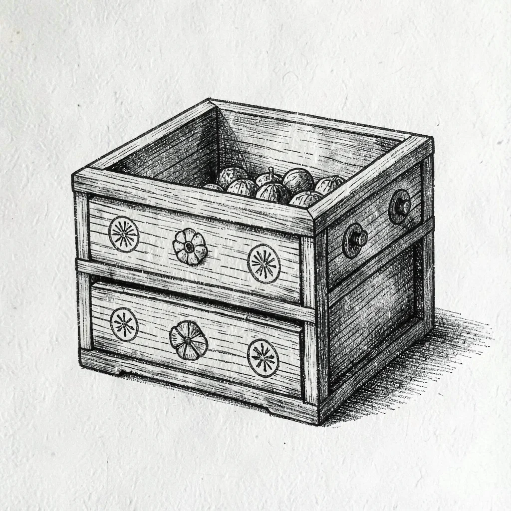 Square illustration of a wooden seed-storage box with drawers labeled with symbo