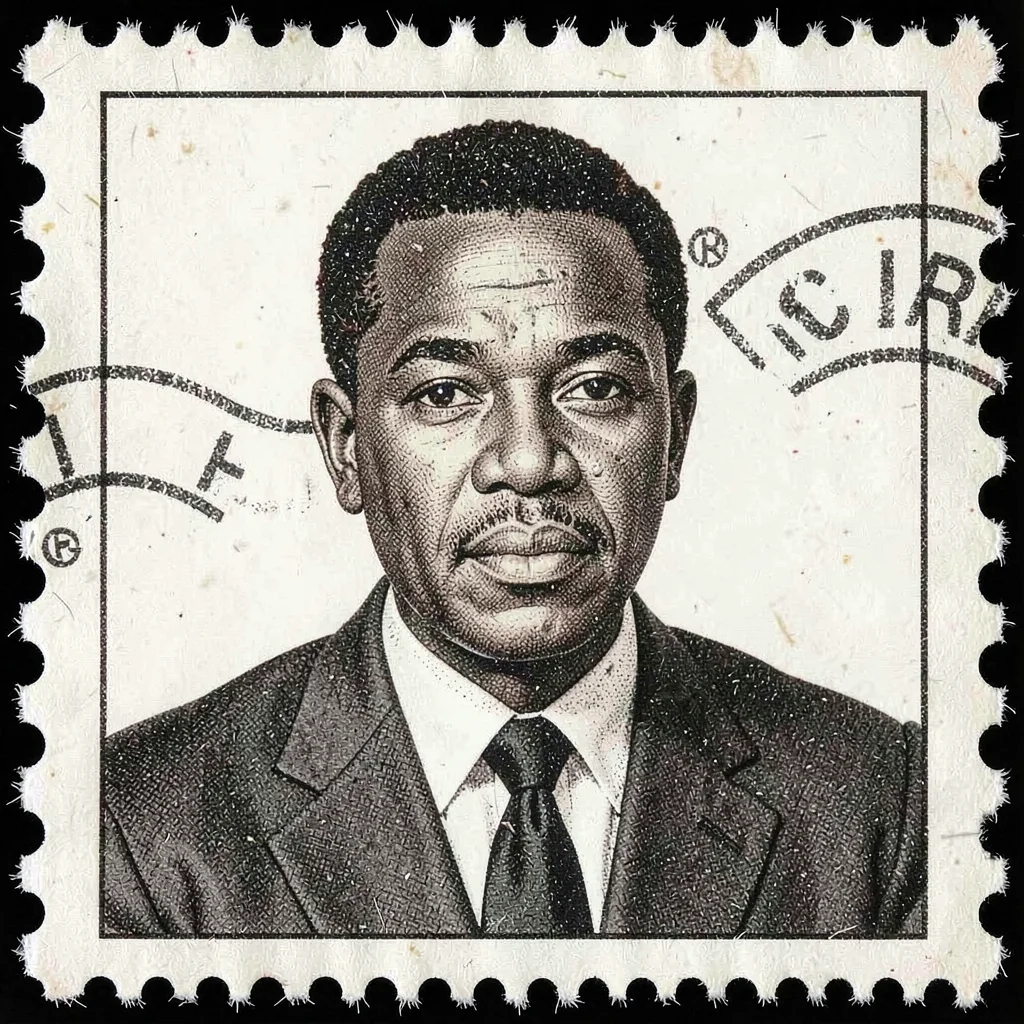 Postage stamp illustration, Civil rights leader portrait , tiny perfect composit