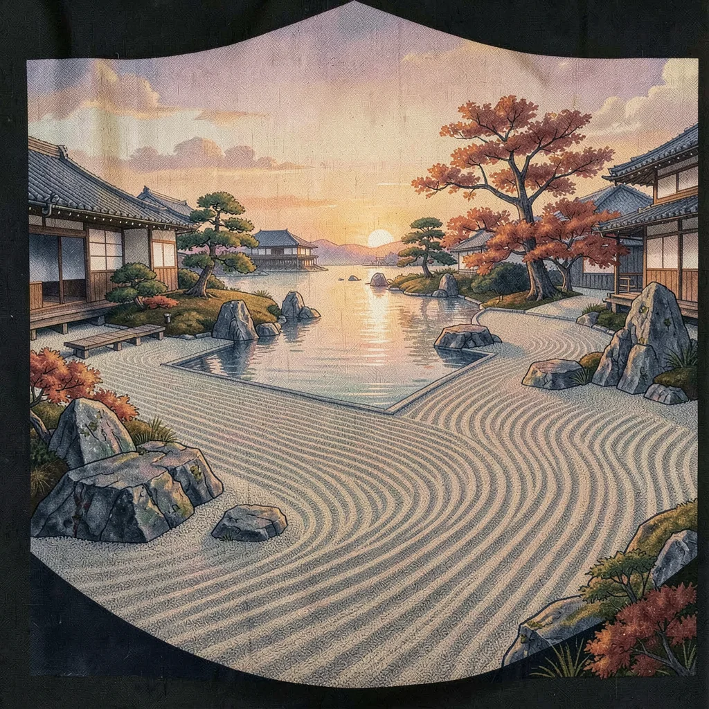 Through the textile eye of Kyoto, woven and dyed, A zen garden at dawn, raked gr