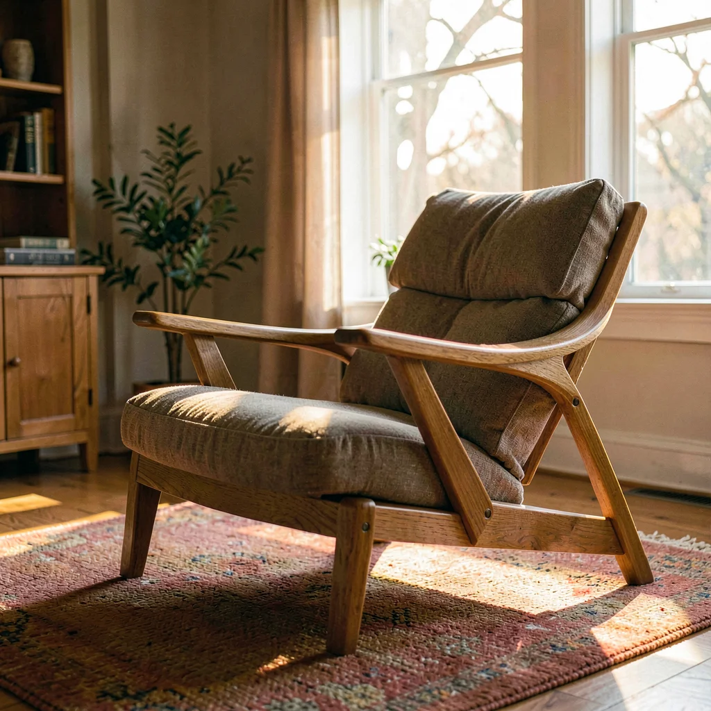Warm hero of a low oak lounge chair on a warm rug, late afternoon light pooling 