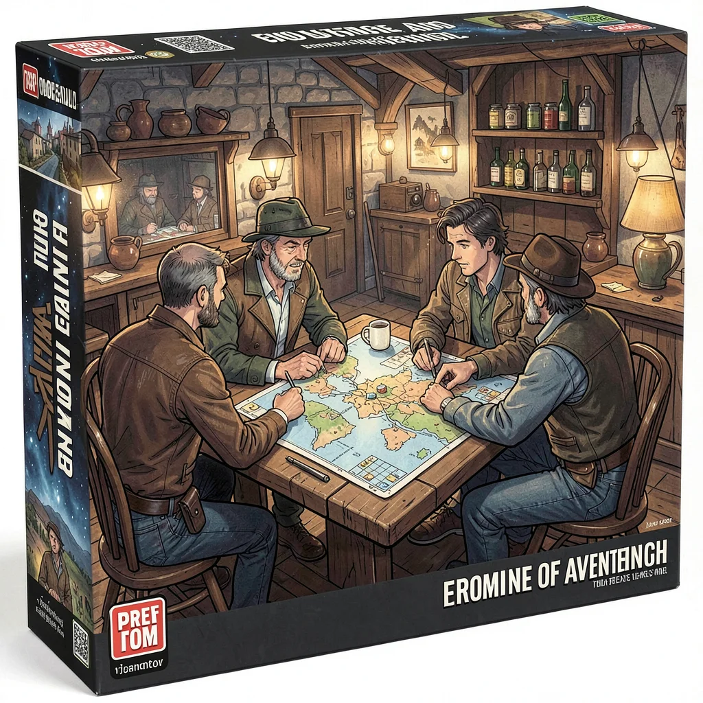 Board game box illustration, a cozy tavern interior with adventurers planning ar