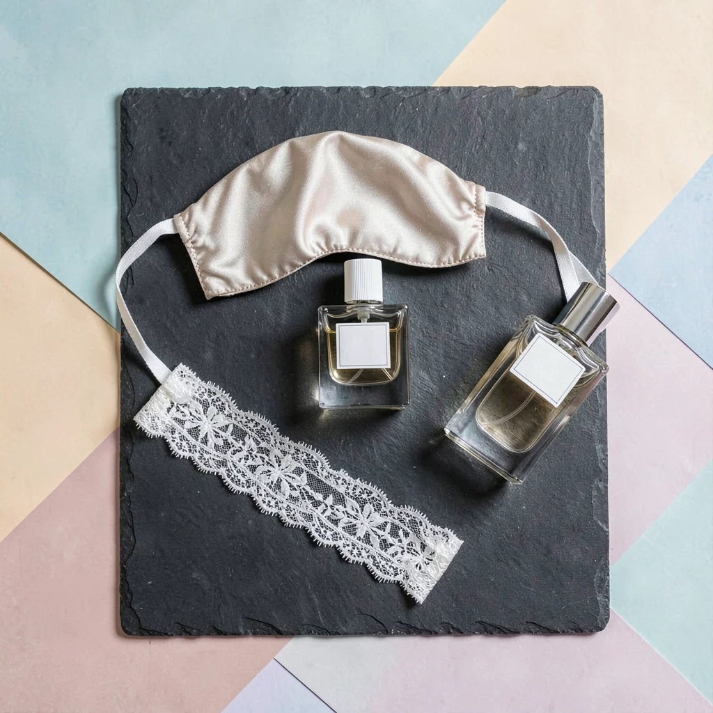 Color-block flatlay of intimate accessories on flat slate paper, silk eye mask, 