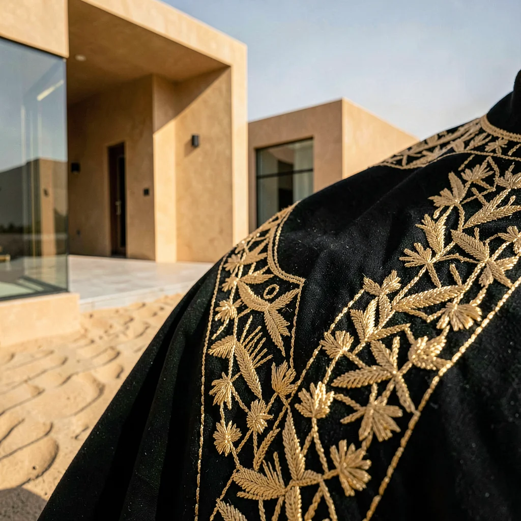Contemporary Gulf photograph with heritage contrasts, Close-up of abaya embroide