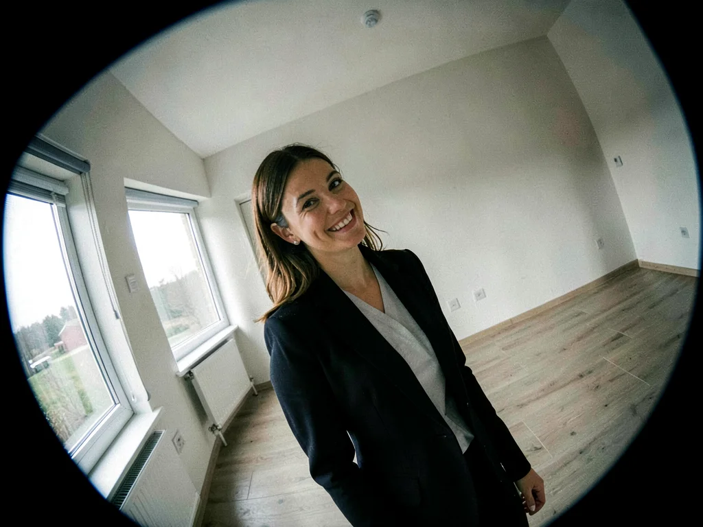 Real estate agent alone in an empty house, her smile at an angle that matches no
