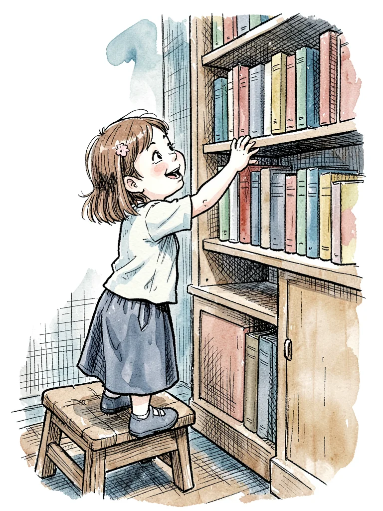 Girl reaching high bookshelf
