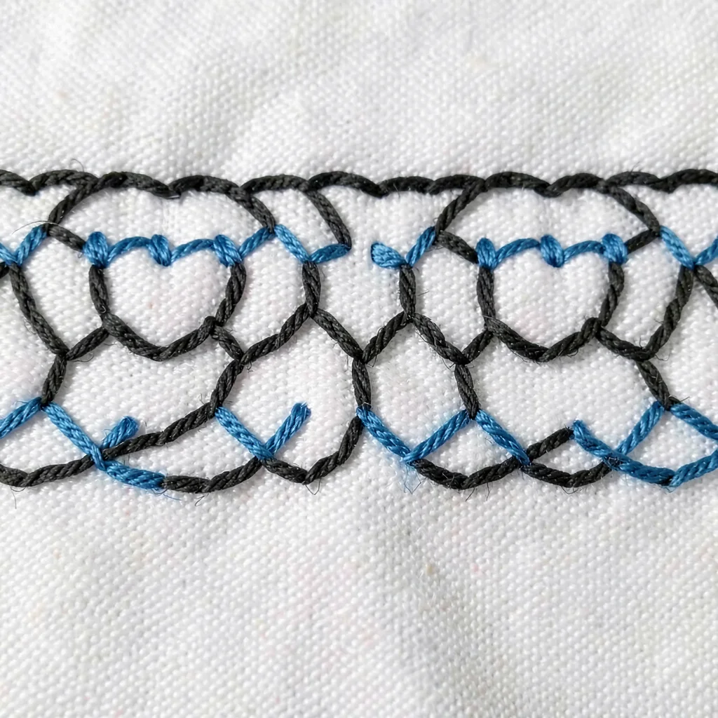 Chain stitch close-up — individual loops of black thread in C-curve motif on whi