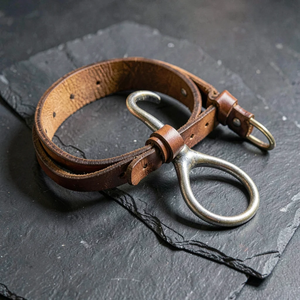 Mineralcut study of a leather bridle and bit on slate, hard graphic light