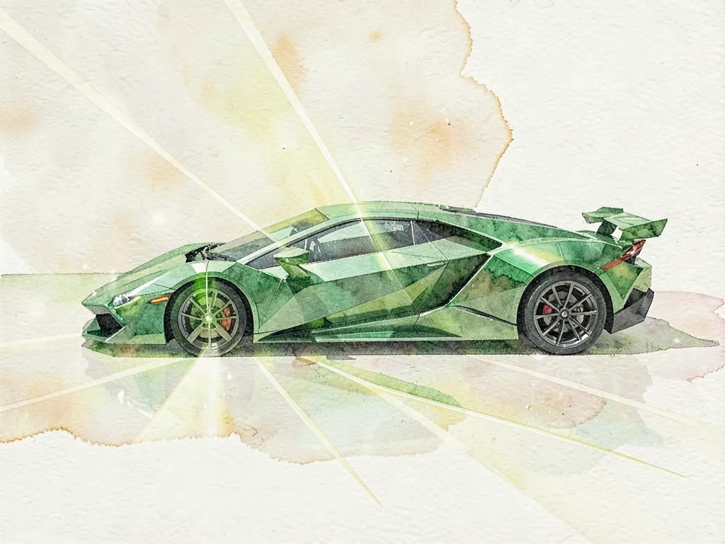 Emerald-glass faceted lowpoly sports car frozen in profile with sharp green plan