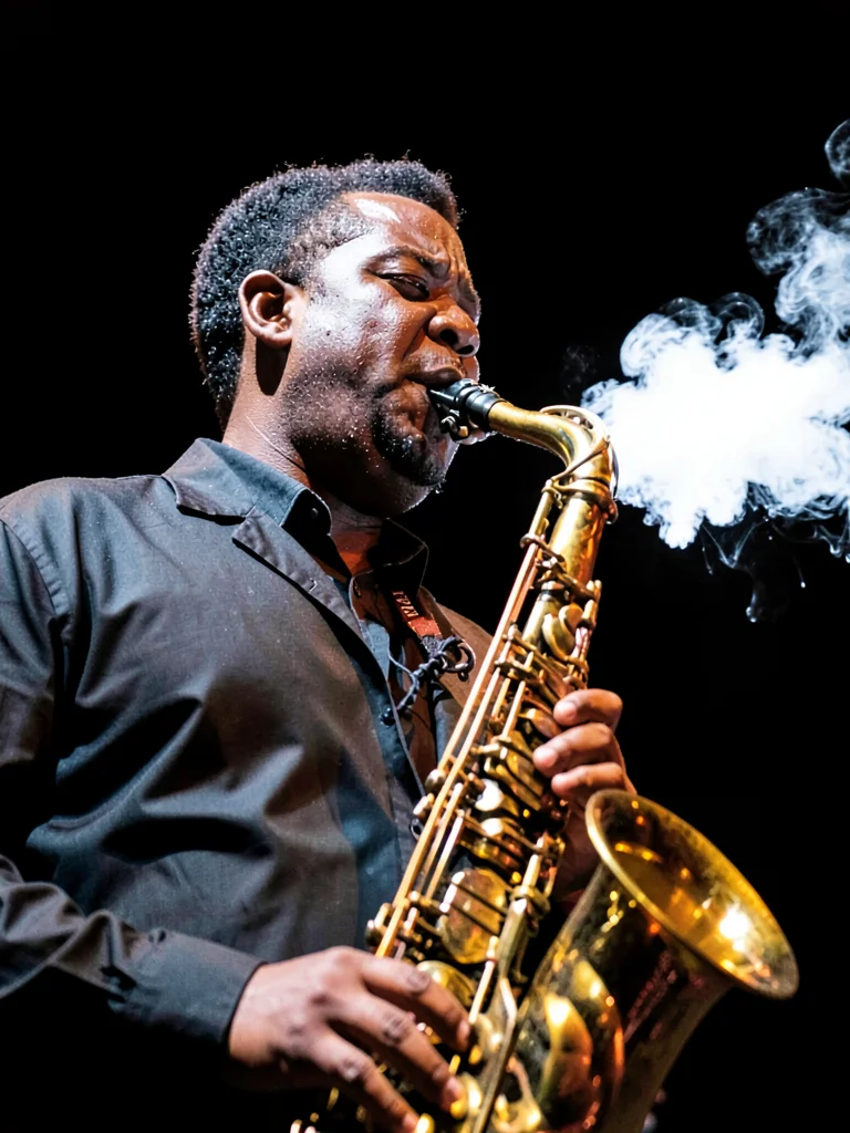 Jazz musician mid-solo, saxophone bell burning white, cheeks pouched with breath