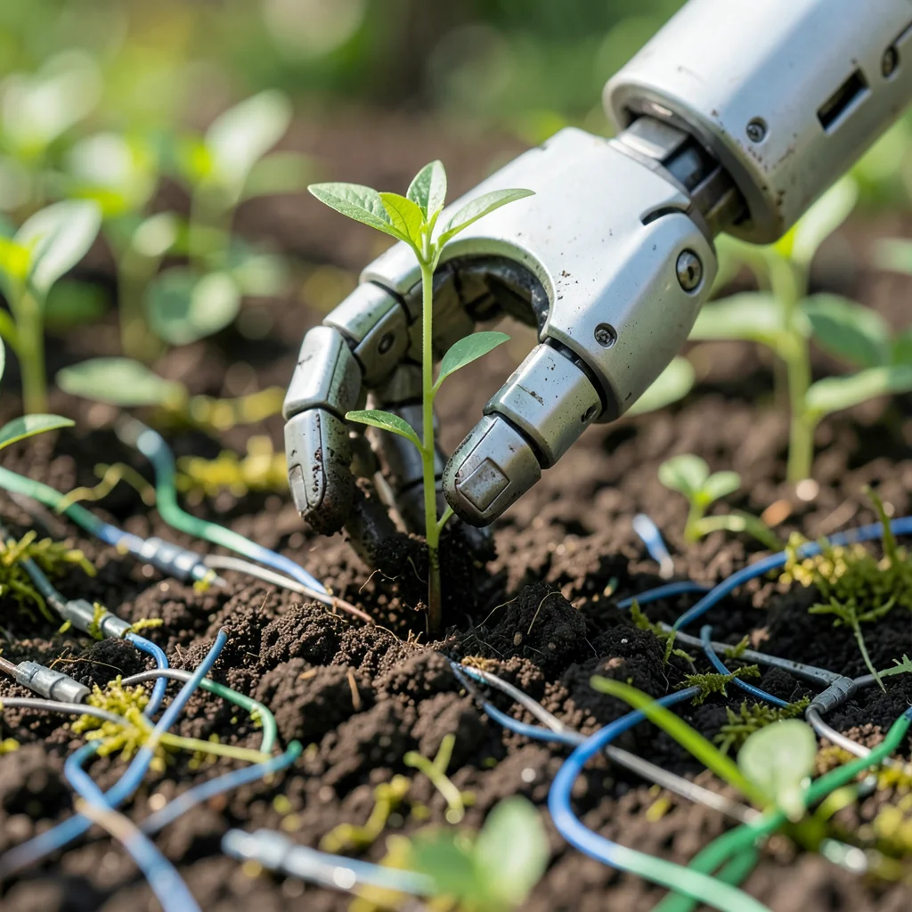 Robot hand planting seedling, mechanical precision, organic life, soil and circu