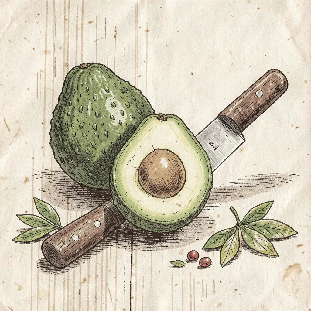 Artisan food packaging illustration, Avocado halved with rustic knife , farm-to-