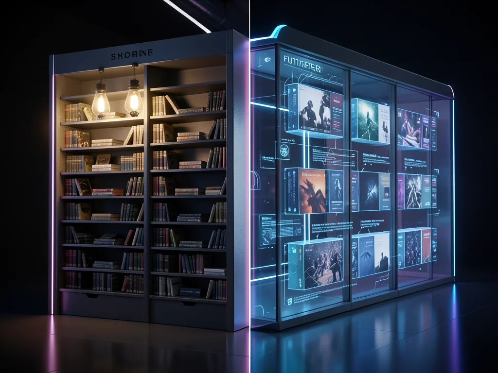 Library — left half card catalog and gas lamps, right half holographic book disp