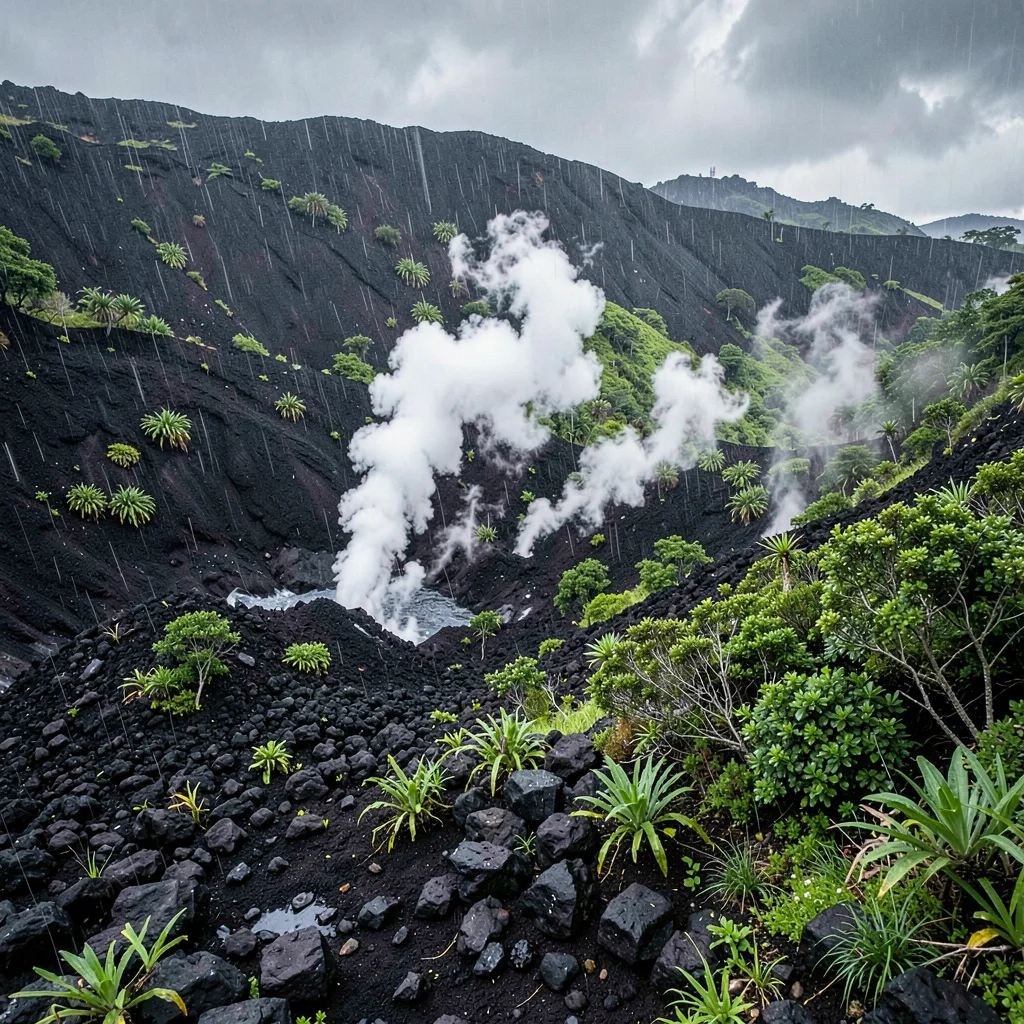 Stark black volcanic surfaces against verdant green, Steam vents in rocky ground