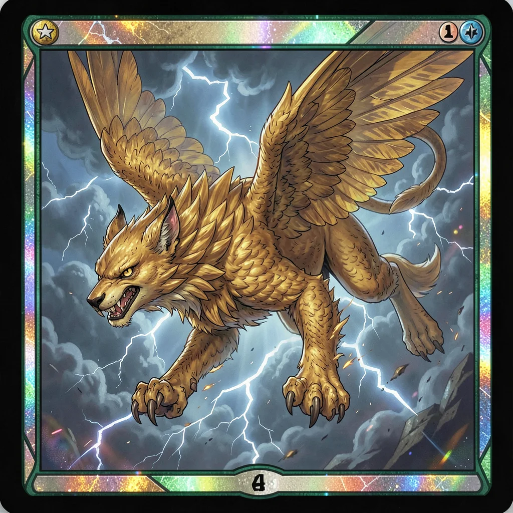 Trading card game illustration, a fierce griffin diving from storm clouds, golde