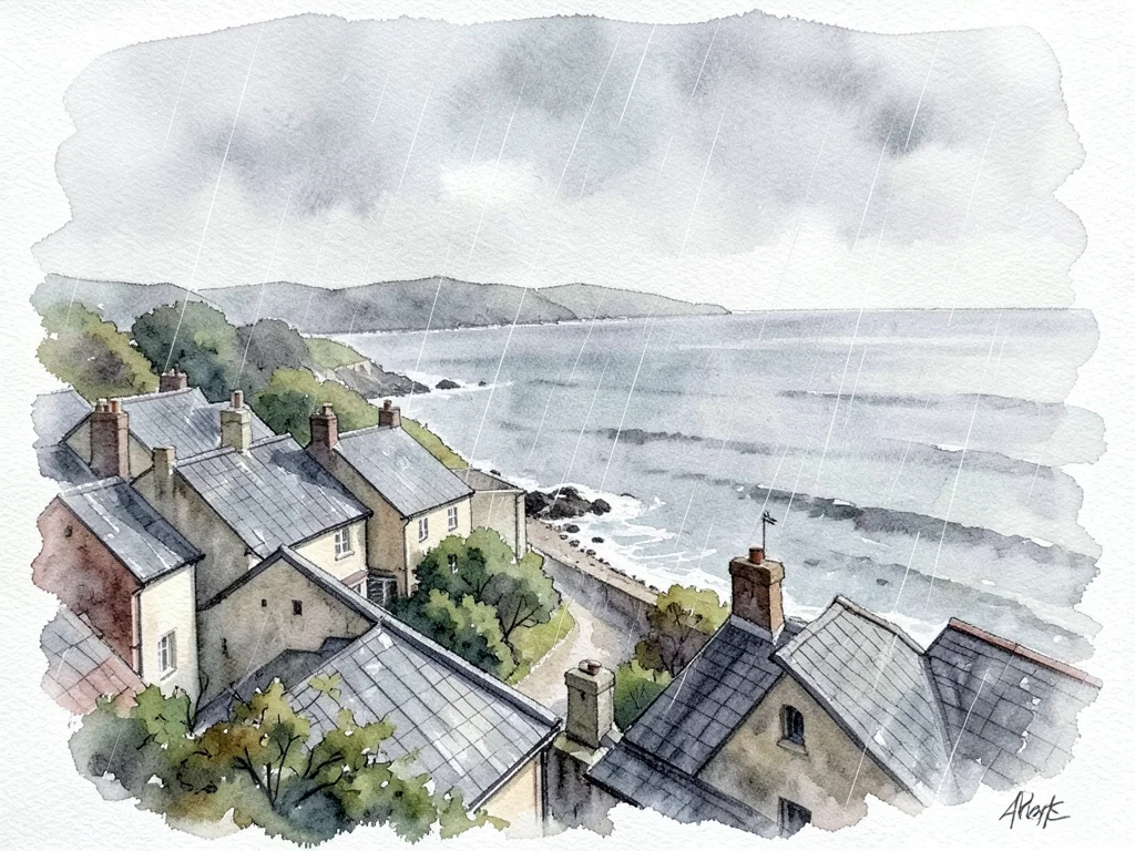 A coastal village in the rain, the colors muted and bleeding, rooftops in slate 