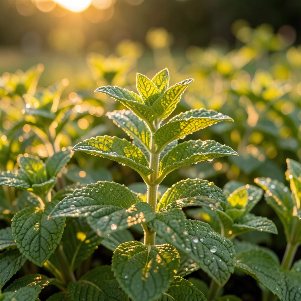 Vietnamese mint with its pointed leaves and distinctive dark chevron markings, b