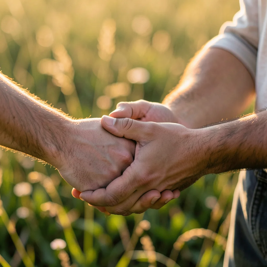 Couple's hands intertwined, macro, golden hour light on skin, out of focus meado