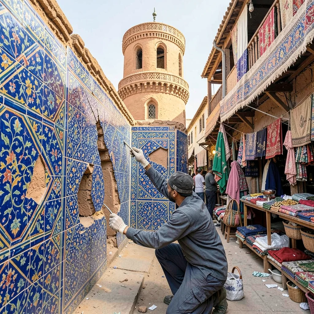 Samarkand blue majolica against Central Asian terracotta, restoration worker car