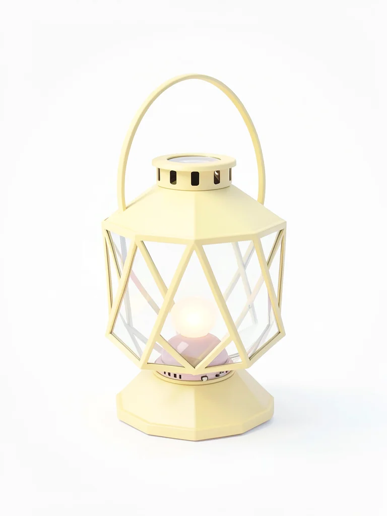 Tiny butter-yellow lowpoly lantern with a faceted glass cage and triangulated ha