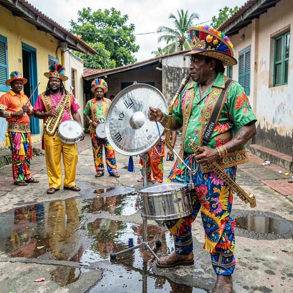 Carnival saturation explosion in Port of Spain, Trinidad, Pan man tuning a tenor