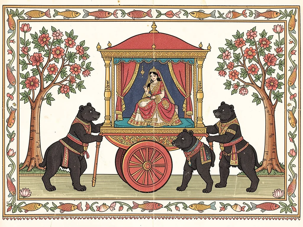 Wedding palanquin carried by four bearers, bride inside, flowering trees on eith
