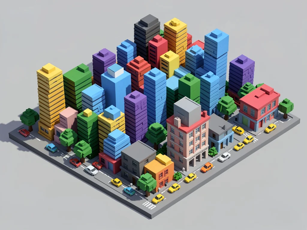 A dense city block with skyscrapers, taxis, and trees all rendered as stacked cu