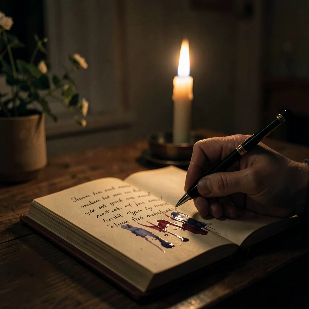 Someone writing in a leather journal by a single taper candle at 3am, their pen 