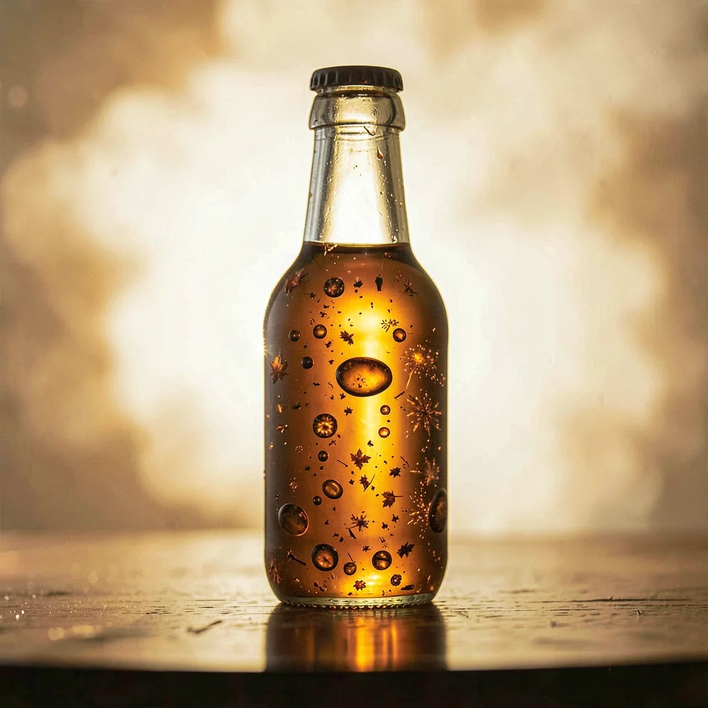 Baltic amber luminescence, backlit golden-brown, Maple syrup in a glass bottle, 