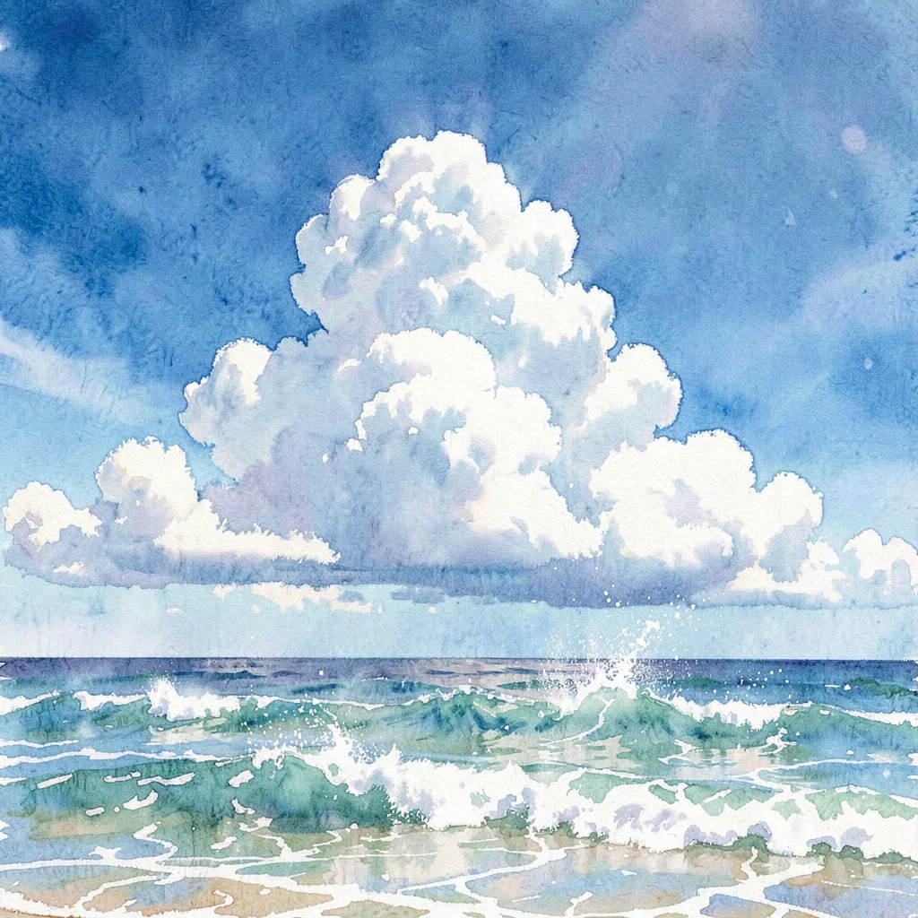 Wide midday skybox over the great-shore, towering cumulus drifting across a hard