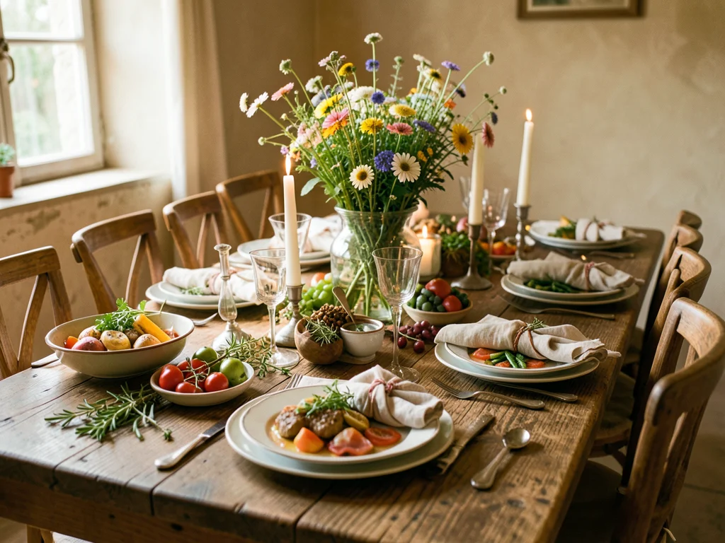 Long farmhouse dining table set for dinner, linen napkins, candles, wildflower c