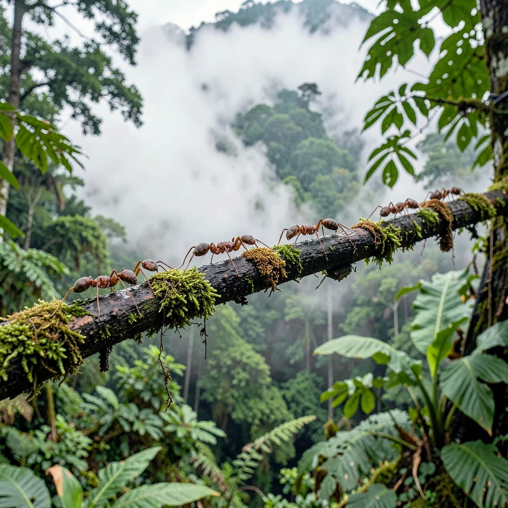 Cloud forest mist layers in Costa Rica, Leaf-cutter ants carrying their cargo ac