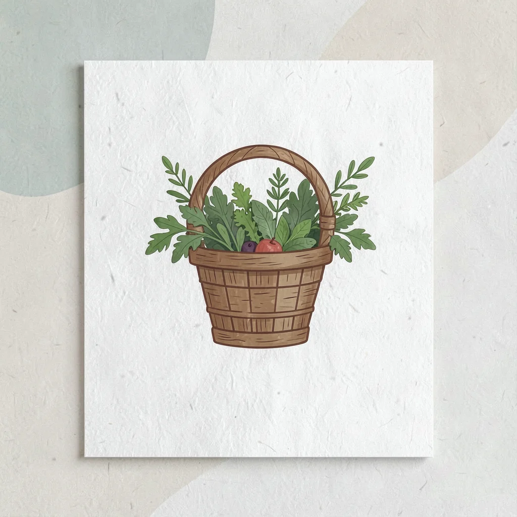 Flat-vector module card of a stylized basket spilling foraged greens, soft sage 