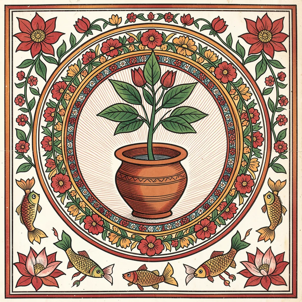 Sacred tulsi plant in clay pot, surrounded by concentric floral rings