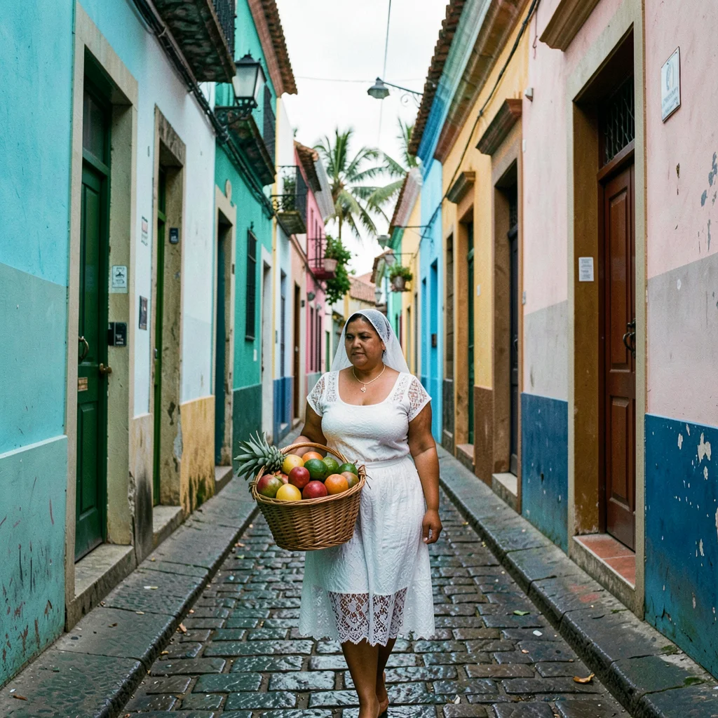 Salvador Pelourinho color, Bahian colonial saturation, A woman in white lace car
