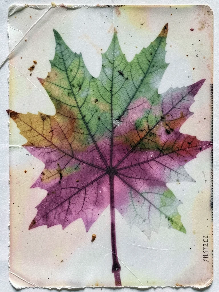 Maple leaf pressed showing vein structure, color-shifted green and magenta from 