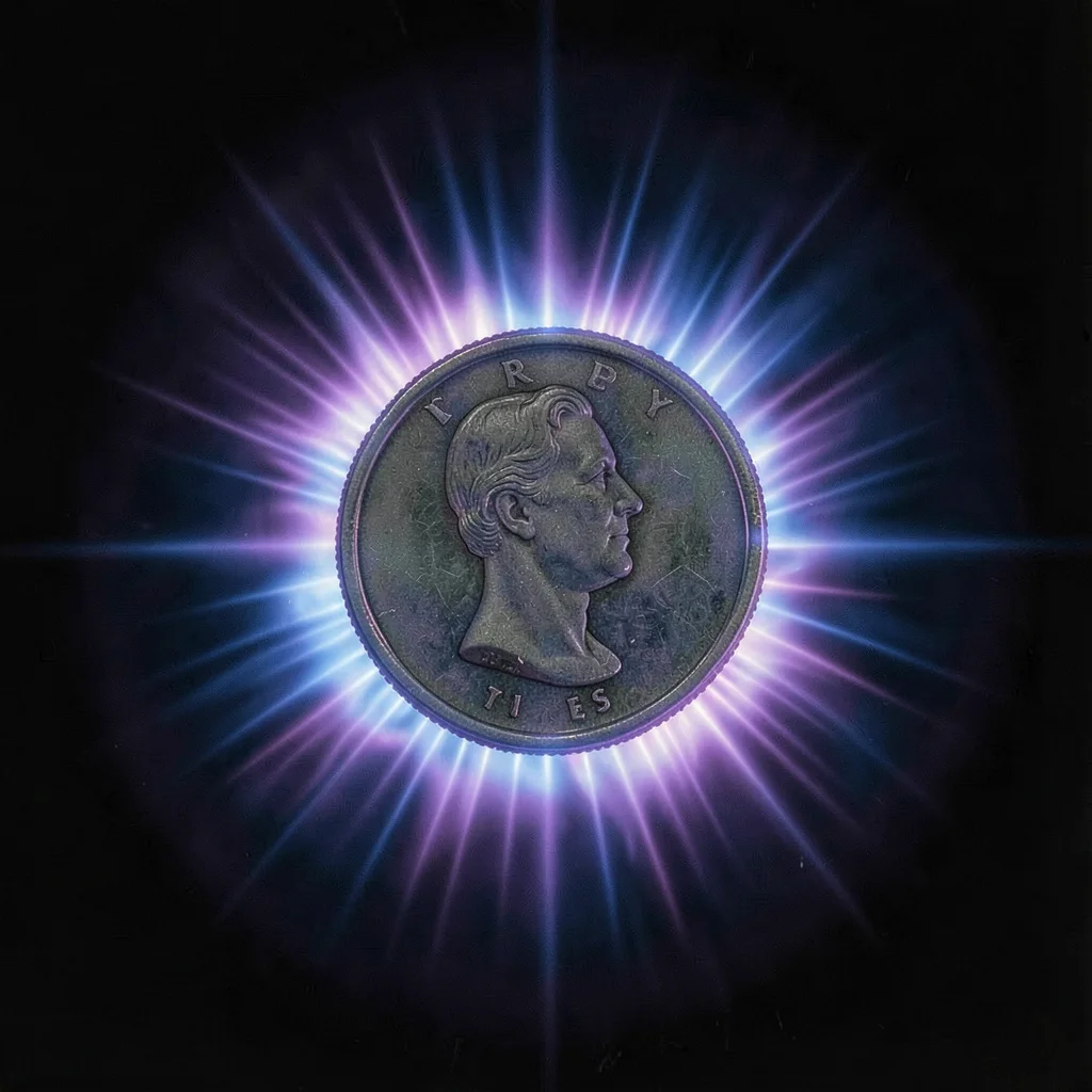A coin profile centered in frame, concentric corona rings pulsing outward in vio