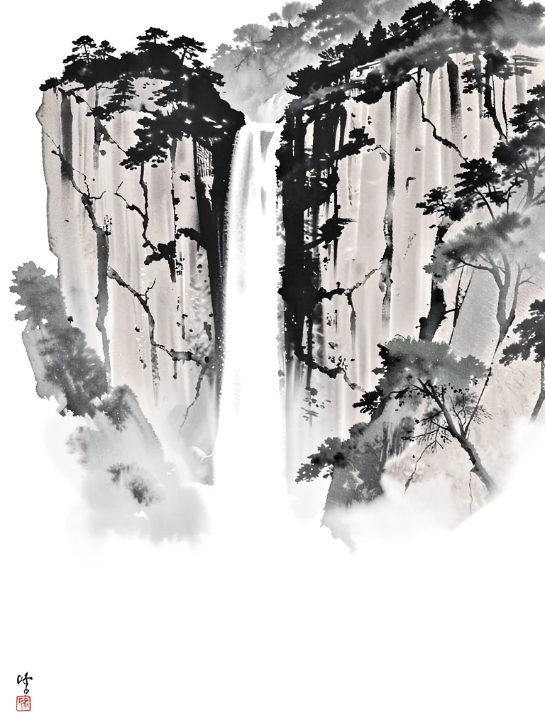 Cliff face with a waterfall, pale wash suggesting mist at the base