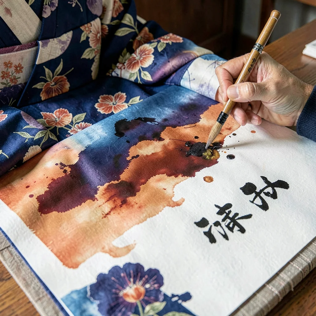 Through the textile eye of Kyoto, woven and dyed, A calligrapher at work, brush 