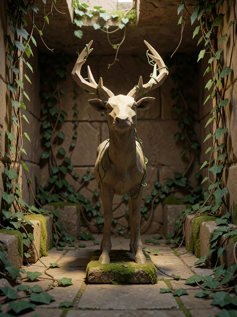 Solitary stone deer statue standing in an overgrown courtyard with green ivy cur