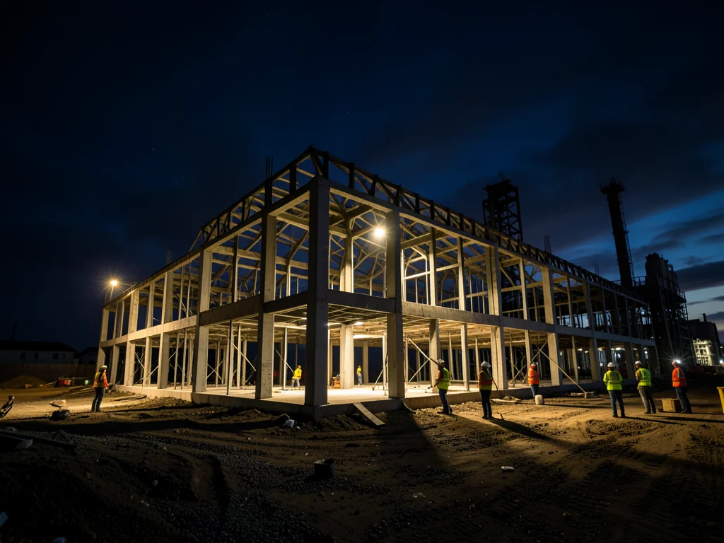 Night construction: floodlights creating harsh shadows, workers in reflective ve