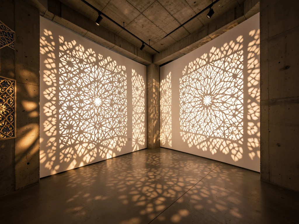 Modern Islamic art gallery with geometric light installation casting patterns on
