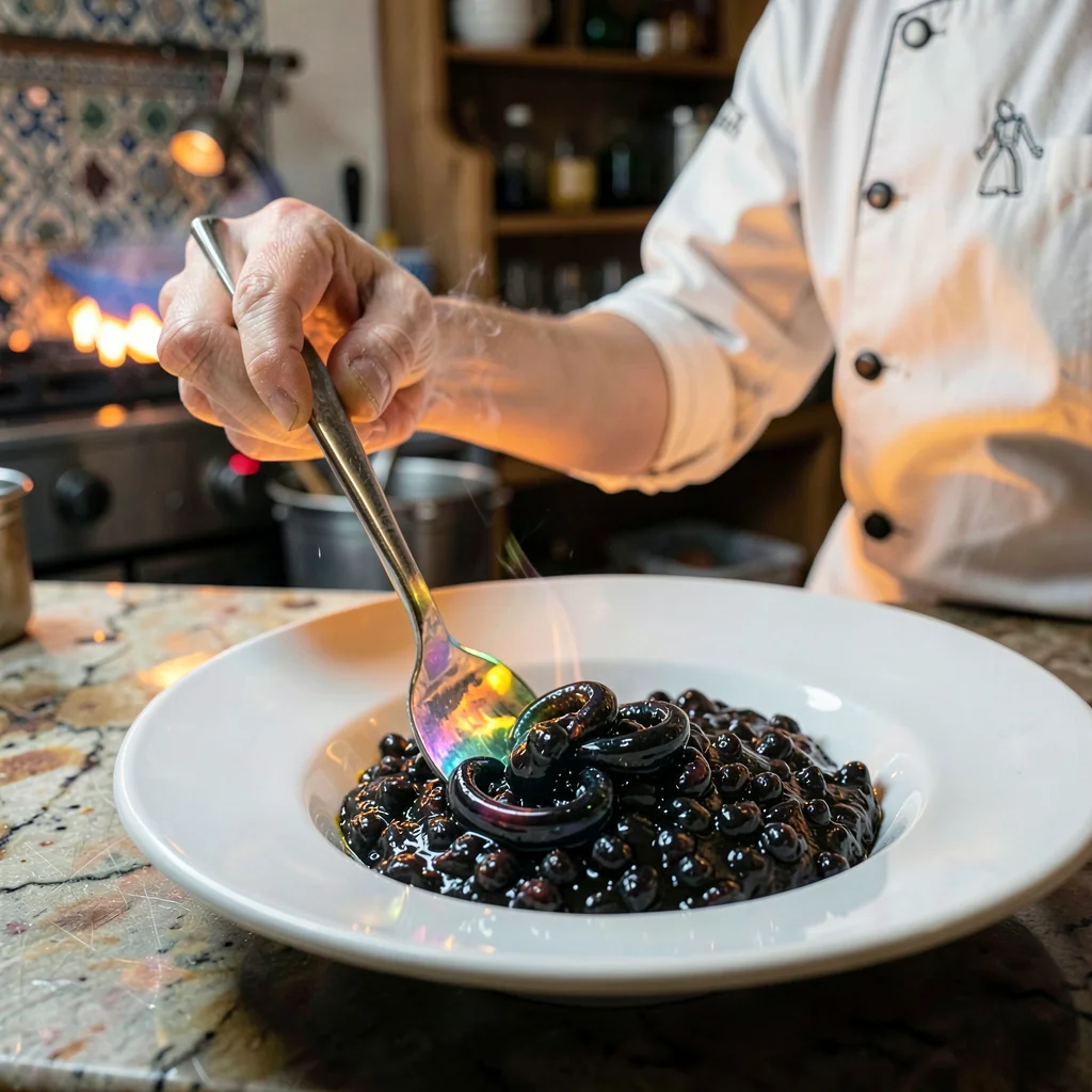 Through the lens of Venetian glass-making, molten luminosity, A chef plating ris