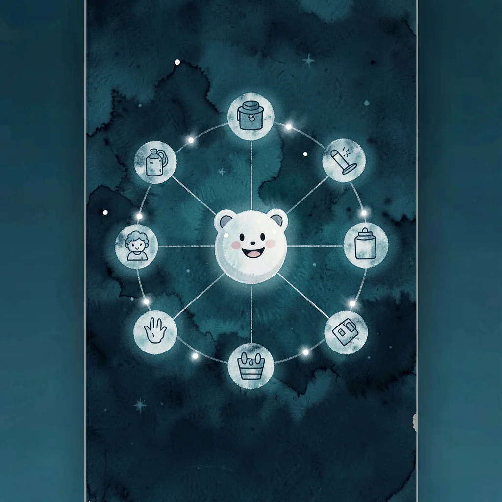 Modern illustrated onboarding screen of a stylized constellation of habit-icons 