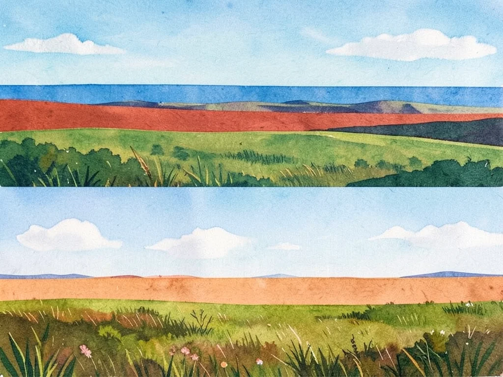 Landscape where different horizontal bands are from different seasons, cut and p