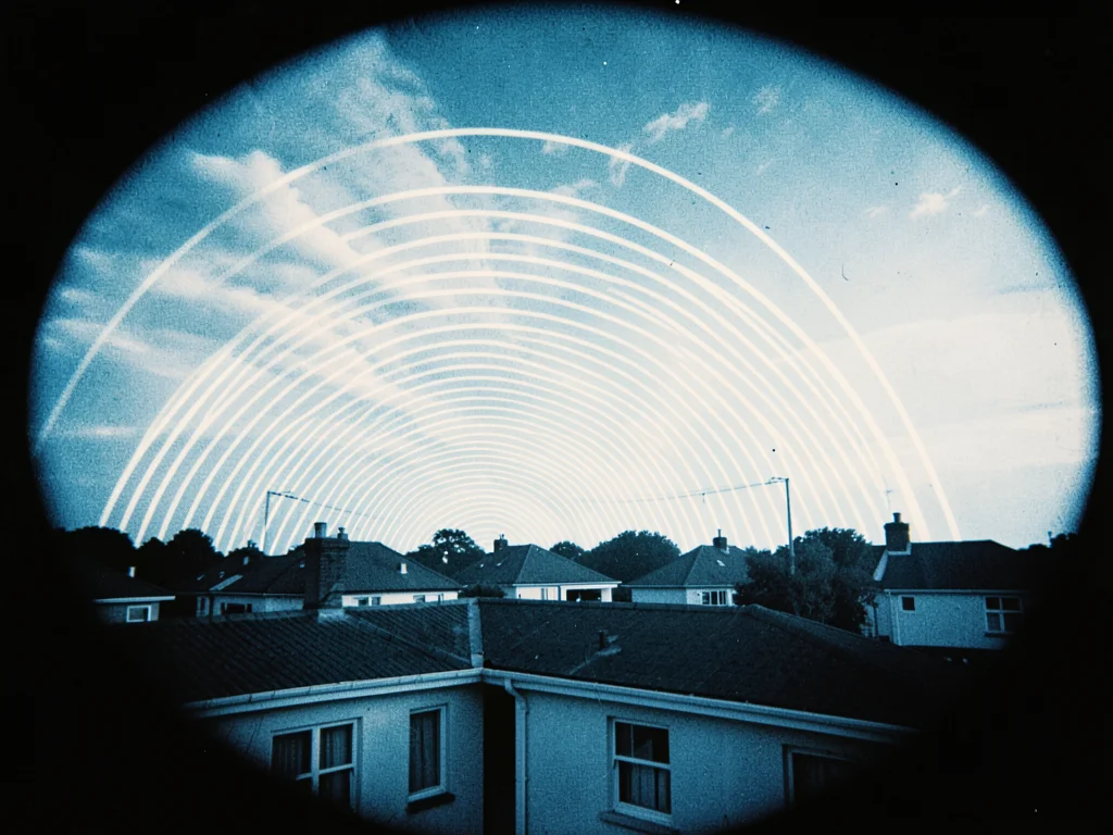 A suburban rooftop skyline with overlapping sun arcs tracing the seasonal shift