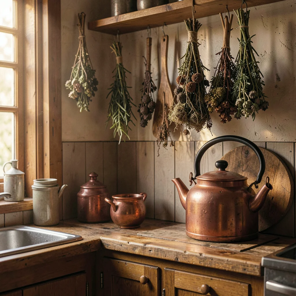 Warm interior of a small kitchenette with a copper kettle and dried herbs hangin