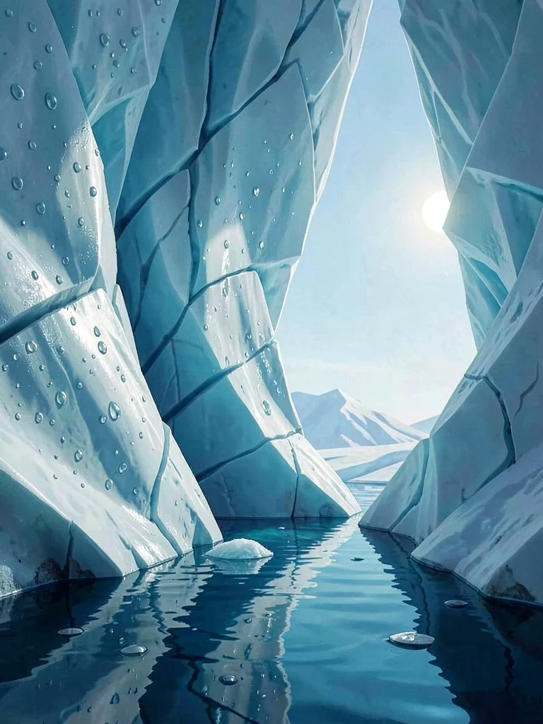 A side branch of an ice cave narrows into deep cyan shadow, walls stippled with 