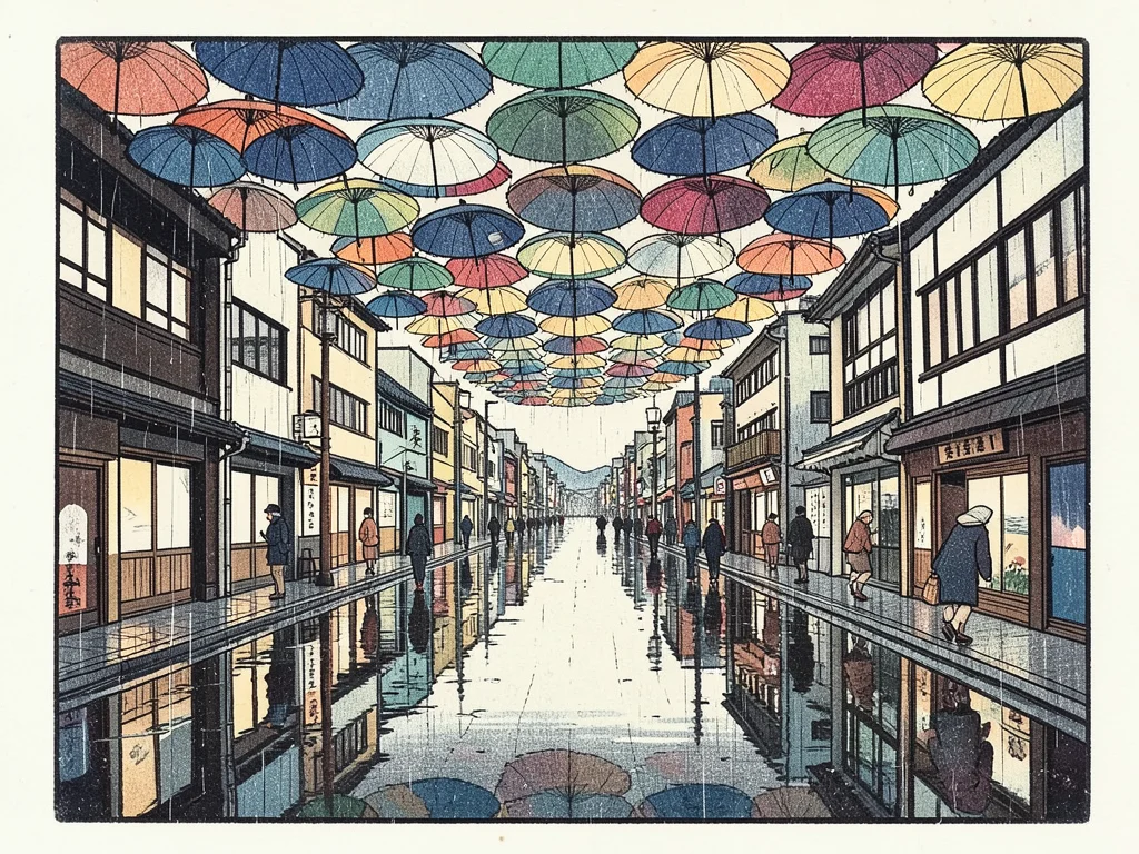 A rainy city street: umbrellas from above creating a pattern of circles, the wet